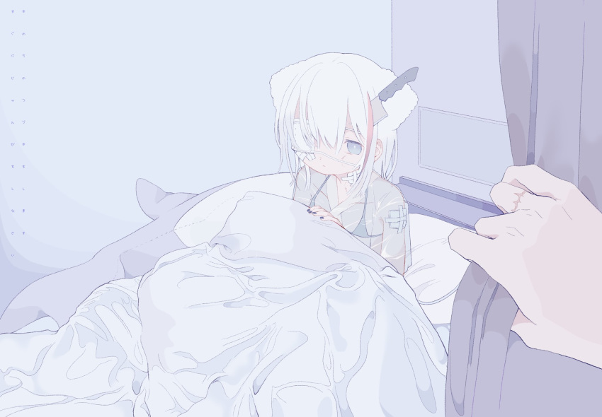 1girl bed_sheet blue_eyes curtains eguchi_saan eyepatch gauze highres knife knife_in_head long_hair looking_at_viewer original out_of_frame pillow scar see-through solo stuffed_animal stuffed_toy transparent_shirt under_covers