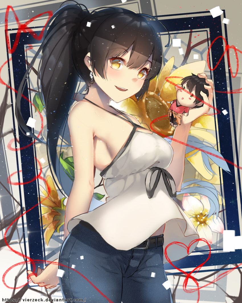 1girl bangs bare_shoulders belt blush breasts doll earrings flower highres holding holding_doll jewelry large_breasts long_hair looking_at_viewer multicolored multicolored_background open_mouth original ponytail red_ribbon ribbon shiny shorts star_(sky) string string_of_fate sunflower vierzeck yellow_eyes