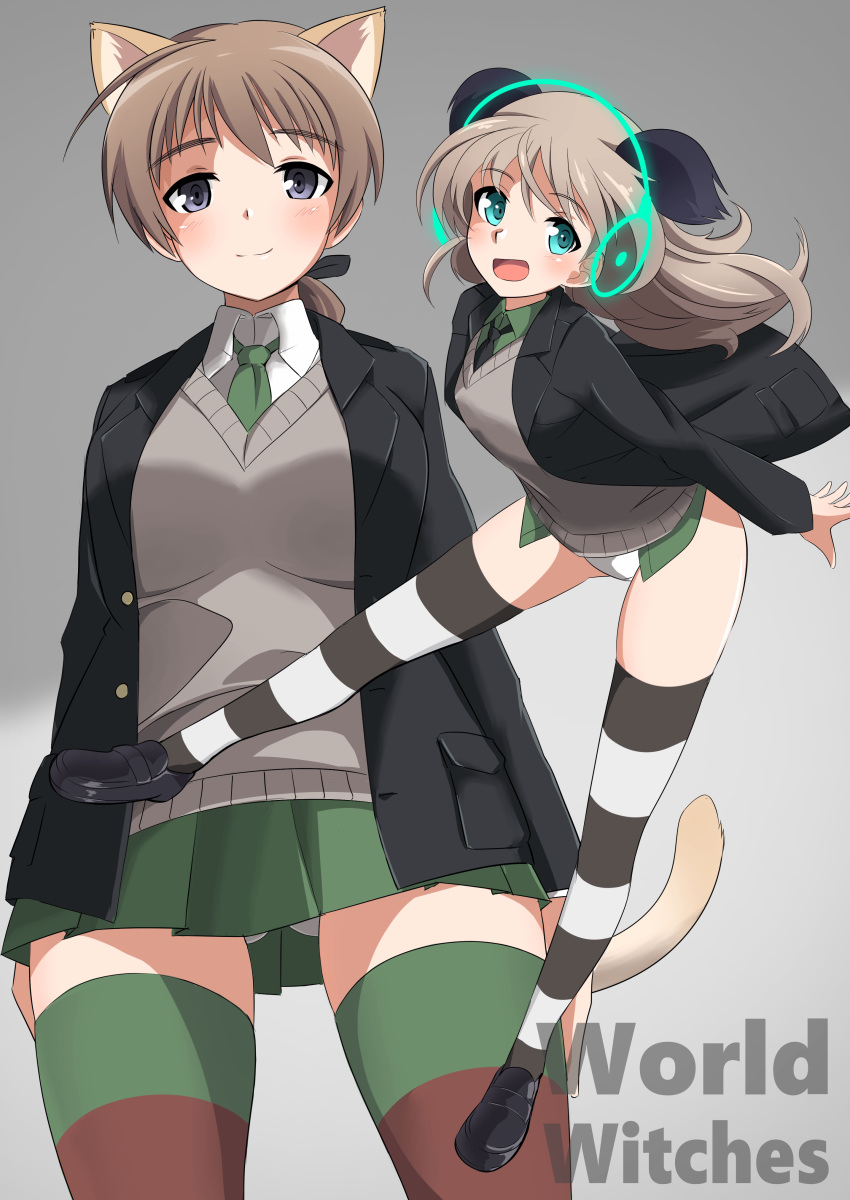 2girls absurdres animal_ears aqua_eyes ass_visible_through_thighs bangs black_jacket black_legwear black_neckwear black_ribbon blazer blue_eyes brown_hair brown_legwear cat_ears cat_tail closed_mouth commentary copyright_name dress_shirt english_commentary eyebrows_visible_through_hair flying green_legwear green_neckwear green_shirt green_skirt grey_vest hair_ribbon headphones highres idol_witches jacket long_hair looking_at_viewer lynette_bishop multicolored multicolored_stripes multiple_girls necktie no_pants open_mouth panties pleated_skirt ribbon shirt skirt smile standing strike_witches striped striped_legwear tail thigh-highs tricky_46 underwear v-neck vest virginia_robertson white_panties white_shirt wind wing_collar world_witches_series