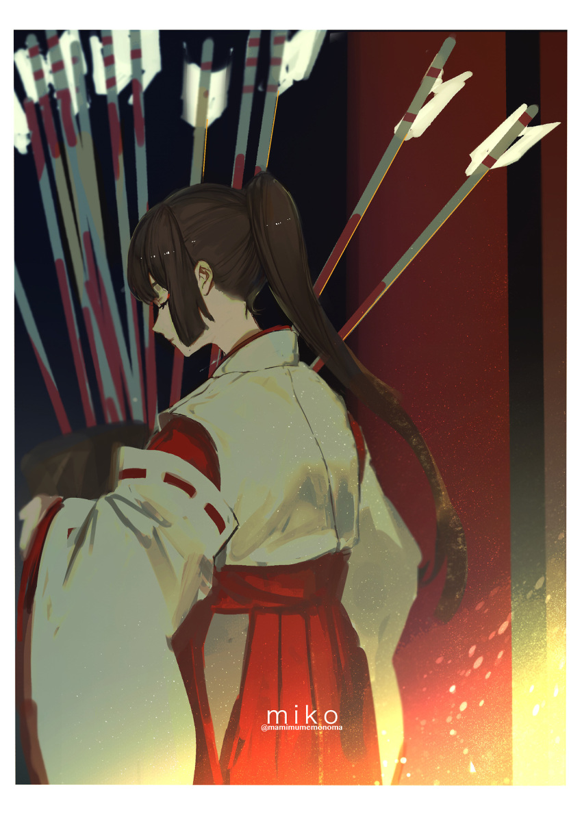 1girl arrow_(projectile) border brown_hair closed_eyes closed_mouth from_behind hakama hamaya highres hoojiro japanese_clothes long_hair long_sleeves miko nape original ponytail red_hakama solo standing twitter_username white_border wide_sleeves