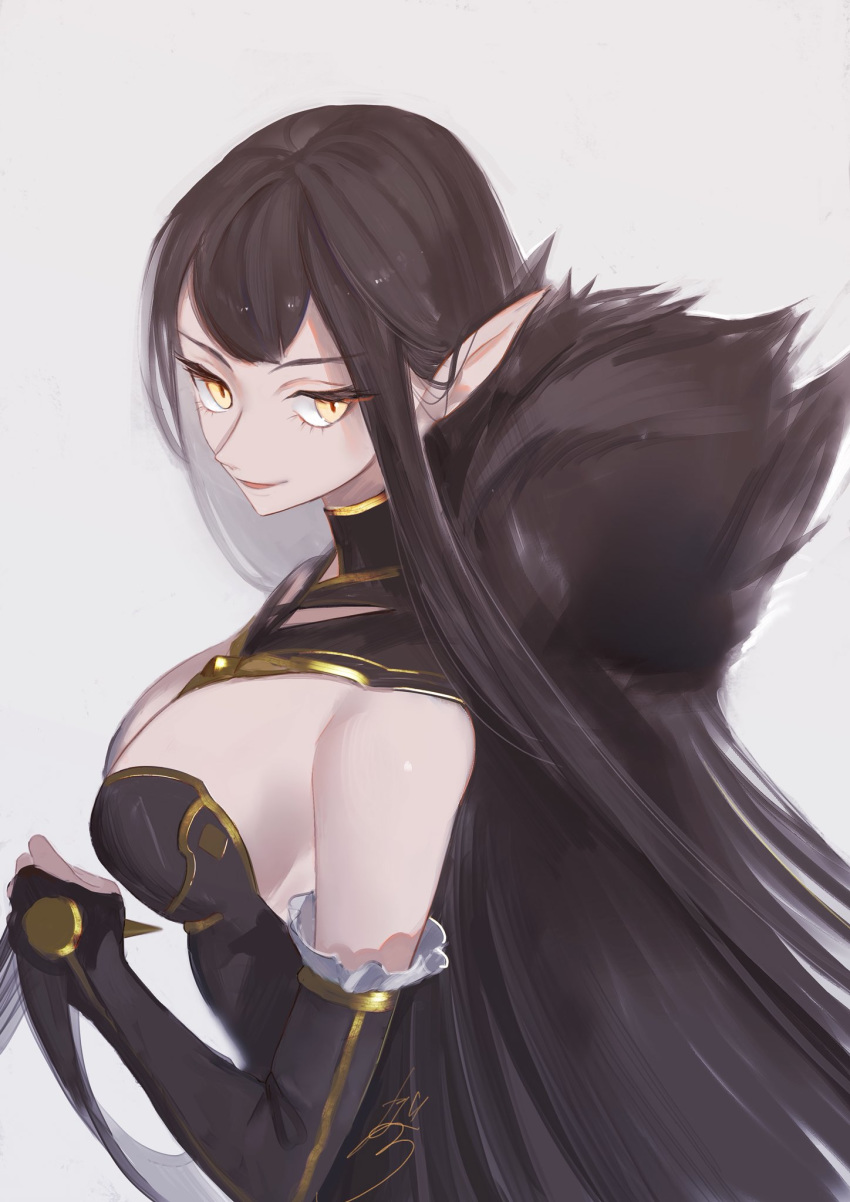1girl black_dress breasts brown_hair closed_mouth detached_sleeves dress fate/apocrypha fate_(series) feather_trim from_side hand_up highres hoojiro large_breasts long_dress long_hair long_sleeves pointy_ears semiramis_(fate) signature simple_background slit_pupils smile solo white_background yellow_eyes