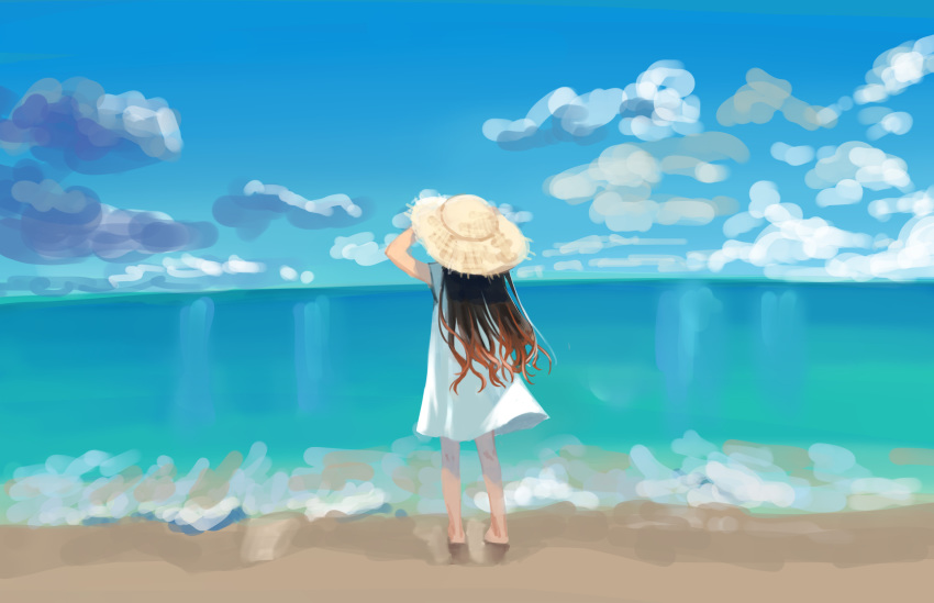 1girl beach brown_hair clouds dress from_behind hat highres kamado_nezuko kimetsu_no_yaiba long_hair looking_ahead ocean pote-mm solo sun_hat white_dress