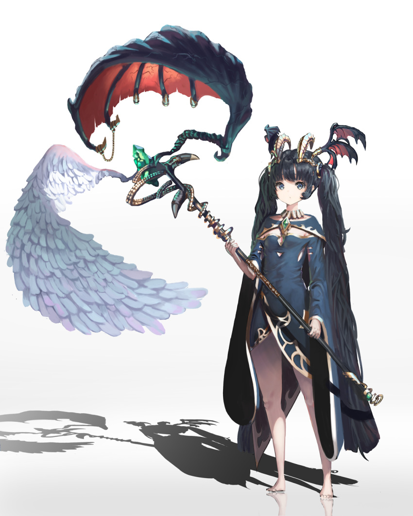 1girl angel_wings barefoot black_hair blue_eyes closed_mouth crystal demon_wings fake_horns feathered_wings feathers gem glowing gradient gradient_background head_wings highres holding holding_staff horns long_hair long_sleeves multiple_wings original solo staff standing twintails very_long_hair wide_sleeves wings witch wolflower