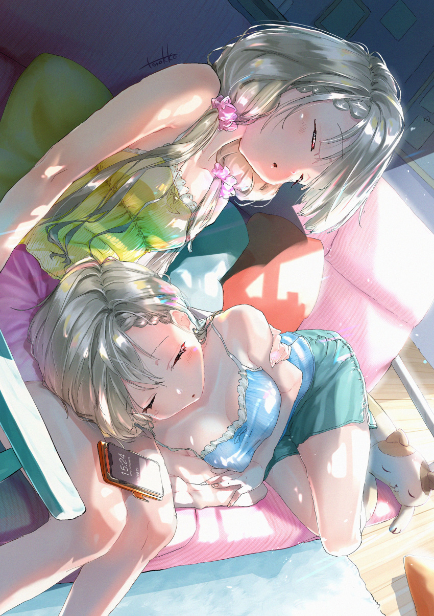 2girls absurdres braid cat cellphone closed_eyes commentary_request dutch_angle grey_hair hair_ornament hair_scrunchie highres hisakawa_hayate hisakawa_nagi idolmaster idolmaster_cinderella_girls indoors lap_pillow long_hair low_twintails multiple_girls phone pillow scrunchie shorts siblings sisters sleeping smartphone sunlight tank_top torokko twins twintails