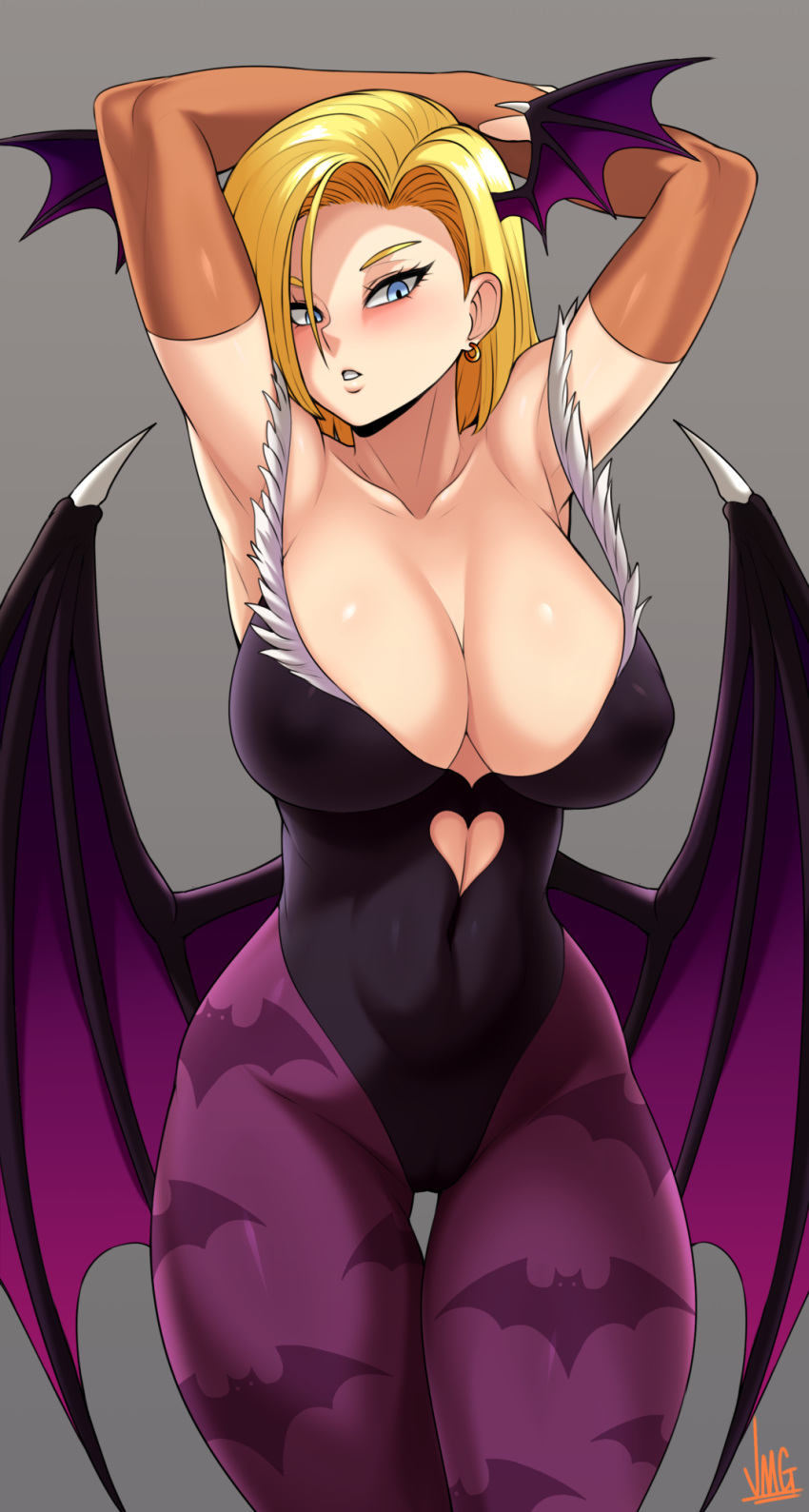 1girl android_18 arms_behind_head bat_wings blonde_hair blue_eyes blush breasts cosplay covered_navel covered_nipples curvy demon_girl dragon_ball dragon_ball_z earrings grey_background highres jewelry jmg large_breasts leotard medium_hair morrigan_aensland morrigan_aensland_(cosplay) purple_legwear shiny shiny_hair shiny_skin signature skin_tight standing succubus toned vampire_(game) wings