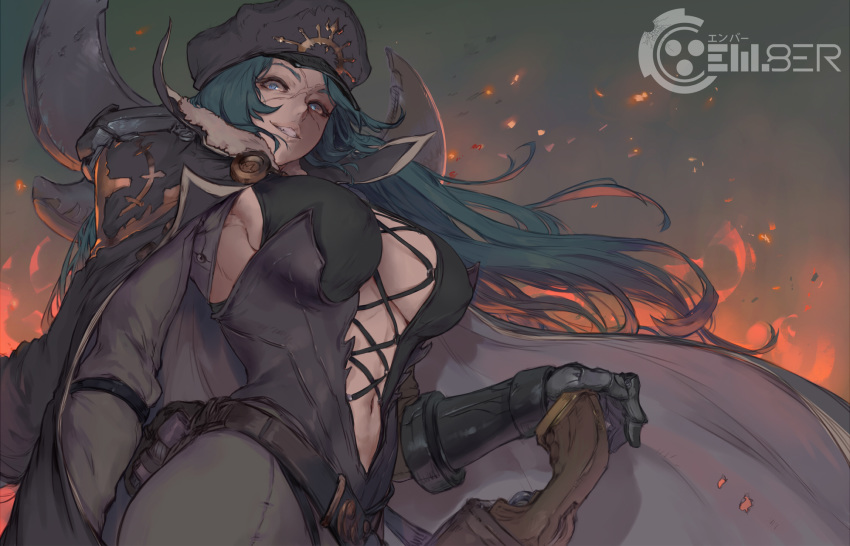 1girl blue_eyes blue_hair breasts commentary cutesexyrobutts em8er gloves grin hat highres jacket jacket_on_shoulders large_breasts long_hair looking_at_viewer looking_down navel scar smile solo thighs very_long_hair