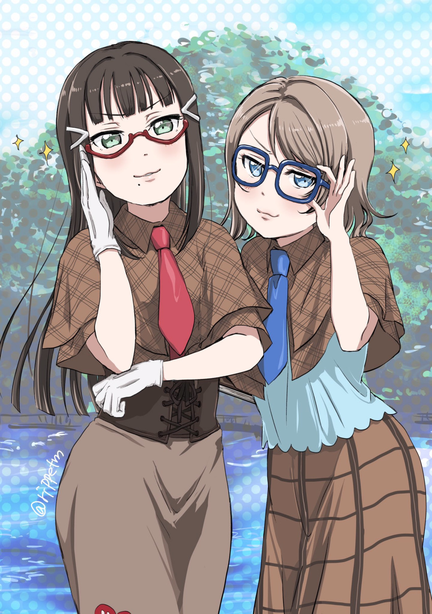 2girls :3 adjusting_eyewear bangs blue-framed_eyewear blue_eyes blunt_bangs blush brown_hair capelet corset gloves green_eyes hair_ornament hairclip highres jitome kurosawa_dia lips long_hair long_skirt love_live! love_live!_sunshine!! medium_hair mole mole_under_mouth multiple_girls necktie outdoors red-framed_eyewear rippe semi-rimless_eyewear skirt tree tsurime watanabe_you white_gloves