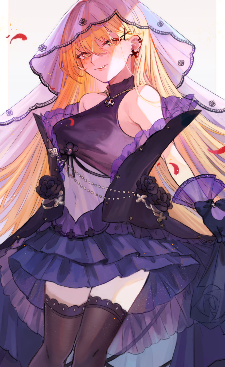 1girl aaoshigatoutoi absurdres azur_lane bangs bare_shoulders black_flower black_gloves black_legwear black_rose blonde_hair blush breasts cosplay cross cross_earrings dress earrings flower frilled_dress frills girls_frontline gloves hair_between_eyes hair_ornament highres jewelry large_breasts lips long_hair necklace parted_lips petals ppk_(girls_frontline) rose see-through skirt_hold sleeveless sleeveless_dress solo thigh-highs veil wedding_dress x_hair_ornament z23_(azur_lane) z23_(azur_lane)_(cosplay) z23_(schwarze_hochzeit)_(azur_lane)