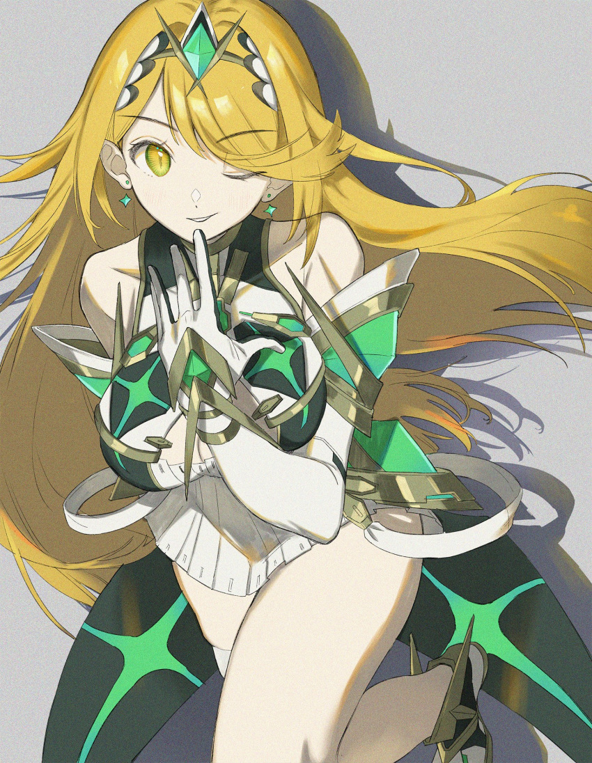 1girl bangs bare_legs bare_shoulders blonde_hair breasts chest_jewel cleavage_cutout clothing_cutout dress earrings elbow_gloves eyebrows_visible_through_hair fujie-yz gloves grey_background highres jewelry large_breasts long_hair mythra_(xenoblade) one_eye_closed short_dress simple_background smile solo swept_bangs thigh_strap tiara very_long_hair white_dress white_footwear white_gloves xenoblade_chronicles_(series) xenoblade_chronicles_2 yellow_eyes