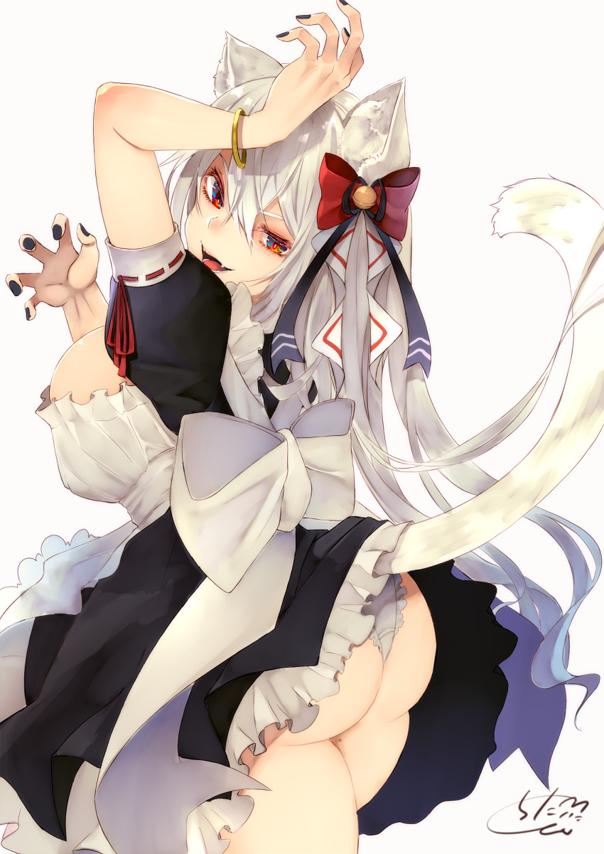 1girl :d animal_ear_fluff animal_ears apron arm_up ass bangle bangs black_dress black_nails blush bow bracelet breasts cat_ears cat_girl cat_tail chita_(ketchup) claw_pose commentary_request dress eyebrows_behind_hair fangs frilled_dress frills grey_background hair_between_eyes hair_bow highres jewelry large_breasts long_hair looking_at_viewer looking_back maid nail_polish open_mouth original panties puffy_short_sleeves puffy_sleeves red_bow red_eyes ribbon-trimmed_sleeves ribbon_trim short_sleeves signature silver_hair simple_background smile solo tail tail_raised underwear very_long_hair waist_apron white_apron white_panties