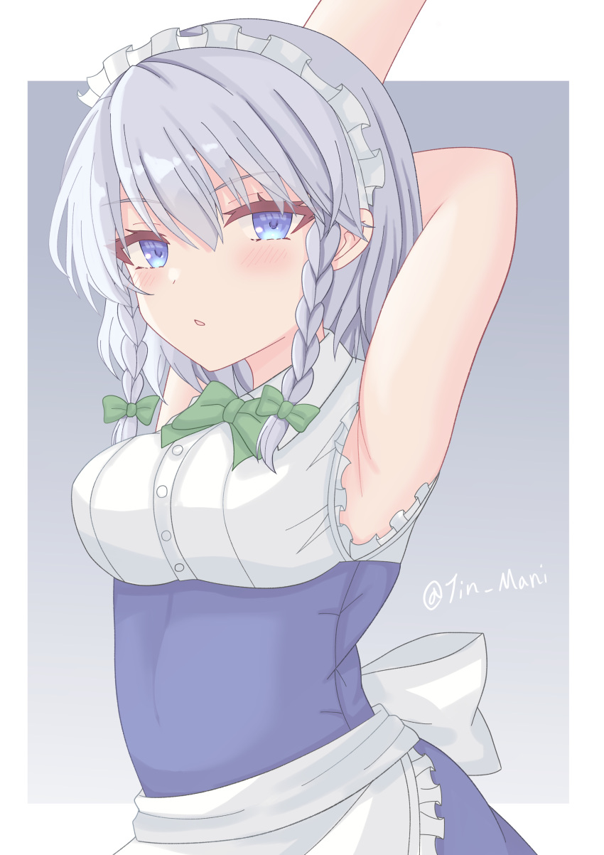 1girl absurdres apron armpits arms_behind_head arms_up artist_name back_bow bangs bare_arms blue_dress blue_eyes blush border bow bowtie braid breasts commentary_request dress eyebrows_visible_through_hair green_bow green_neckwear grey_background hair_bow highres izayoi_sakuya looking_at_viewer maid_apron medium_breasts parted_lips short_hair silver_hair simple_background sleeveless solo tin_mani touhou twin_braids twitter_username upper_body v-shaped_eyebrows