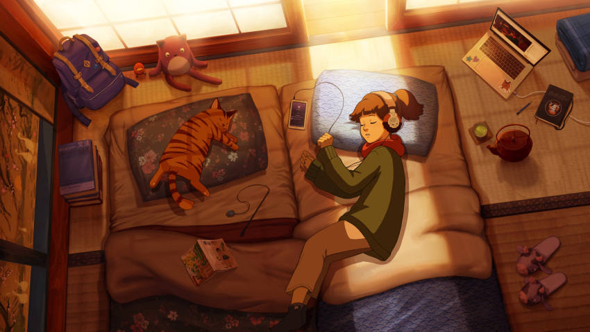 1girl absurdres animal book_stack brown_hair cable cat cellphone chilledcow_stream_girl commentary computer cup dappled_sunlight day english_commentary futon green_sweater highres indoors julia_shii laptop listening_to_music lying on_side original phone pillow red_scarf scarf short_ponytail sleeping smartphone socks solo_focus sunlight sweater tatami teacup teapot