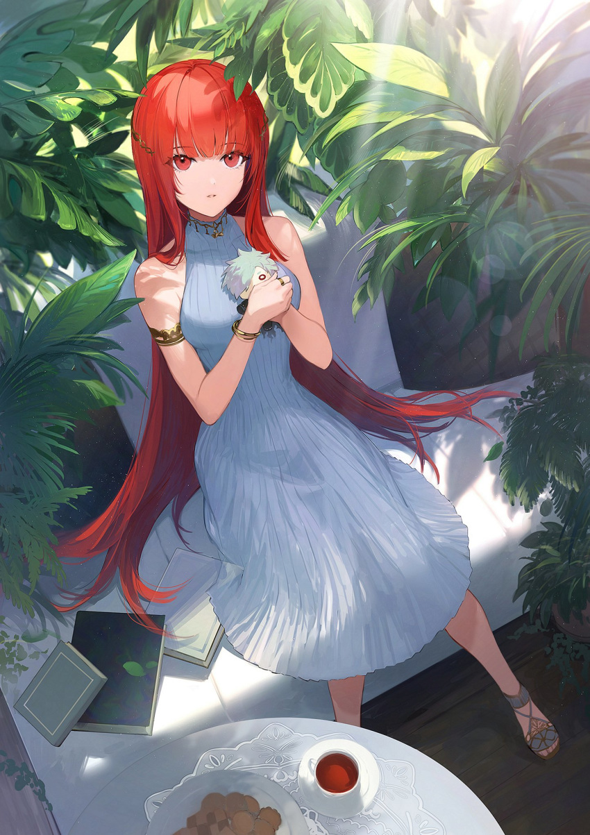 1girl armlet bare_shoulders bokken bracelet breasts character_doll character_request cookie couch cup dress food from_above hair_ornament highres holding hoojiro iron_saga jewelry large_breasts long_dress looking_at_viewer on_couch own_hands_together parted_lips plant potted_plant red_eyes redhead ring sandals sitting sleeveless sleeveless_dress solo sword table teacup weapon white_dress wooden_sword