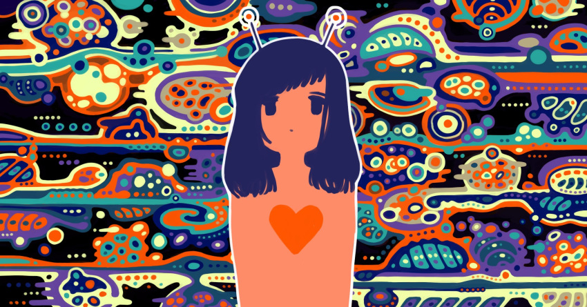 1girl abstract_background antennae blue_eyes blue_hair expressionless heart highres long_hair looking_at_viewer no_nose original outline sizucomaru solo upper_body white_outline
