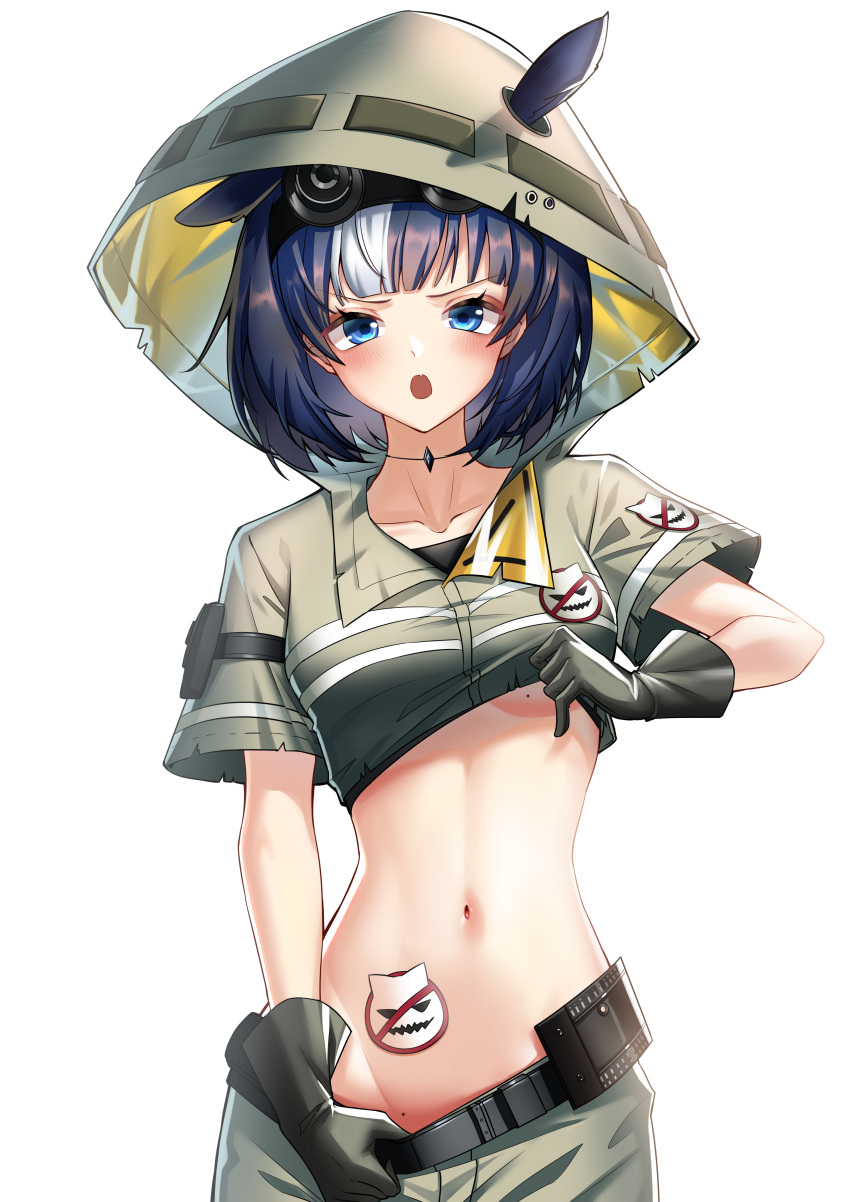 1girl :o absurdres animal_ears arknights bangs belt black_belt black_gloves black_hair blue_eyes blunt_bangs blush breasts brown_shirt brown_shorts collarbone commentary_request cowboy_shot detached_hood ears_through_headwear fang glaucus_(arknights) gloves groin highres hood hood_up looking_at_viewer md5_mismatch midriff mole mole_on_body mole_on_breast multicolored_hair navel night_vision_device open_mouth originium_(arknights) revision shirt shirt_lift short_hair short_sleeves shorts shorts_pull simple_background skin_fang small_breasts so_tsubasa solo standing stomach_tattoo streaked_hair tattoo under_boob white_background white_hair