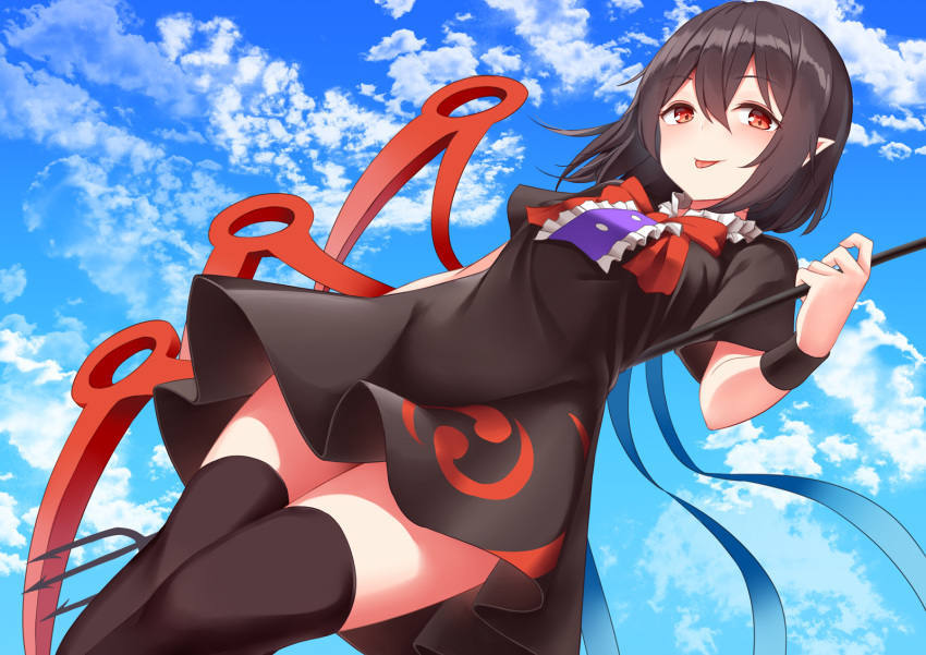 1girl :p asymmetrical_wings black_dress black_hair black_legwear blue_sky blue_wings blush bow bowtie buttons center_frills clouds collar cowboy_shot dress dutch_angle eyebrows_visible_through_hair frilled_collar frilled_dress frills from_below highres holding holding_weapon houjuu_nue looking_at_viewer nue_day pointy_ears polearm pspmaru raised_eyebrows red_eyes red_neckwear red_wings short_dress short_hair short_sleeves sky smile solo thigh-highs tongue tongue_out touhou trident weapon wings wristband zettai_ryouiki