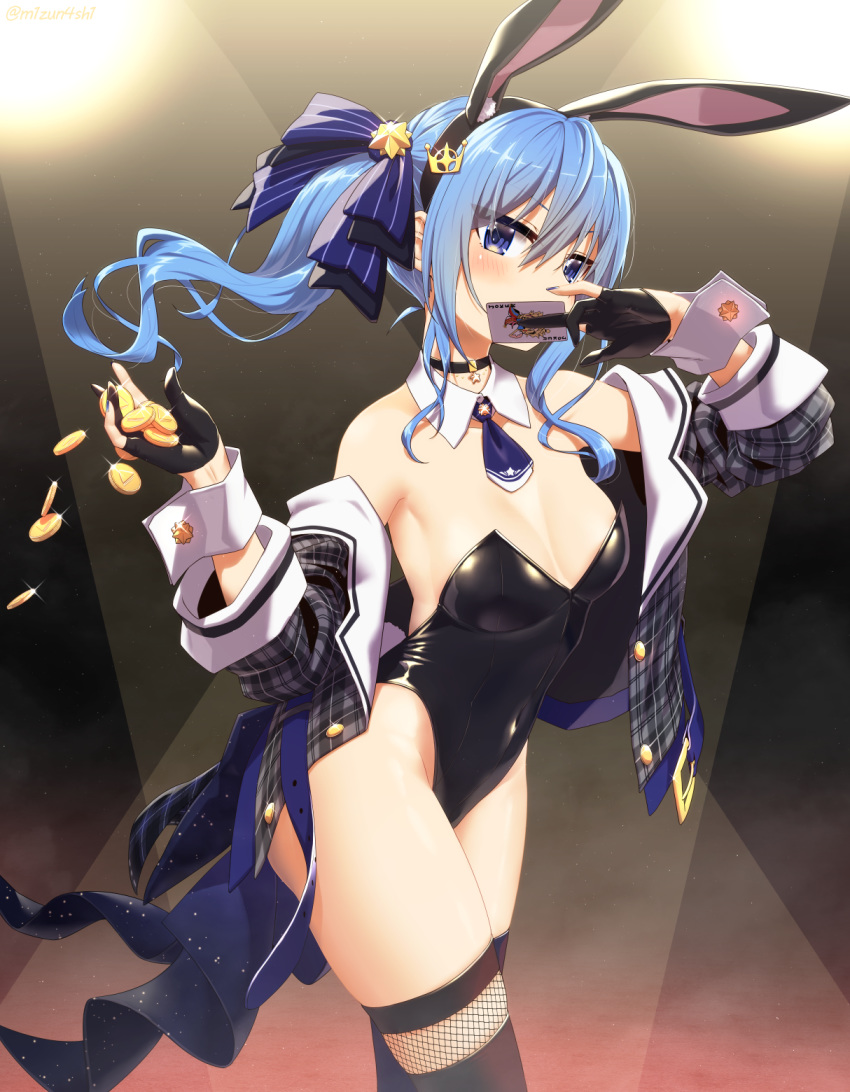 1girl adapted_costume animal_ears bare_shoulders blue_eyes blue_hair boots breasts bunny_girl card choker coin covering_mouth detached_collar gloves gold_coin hair_ornament hair_ribbon highleg highleg_leotard highres hololive hoshimachi_suisei jacket joker leotard mizunashi_(second_run) necktie partly_fingerless_gloves playing_card rabbit_ears ribbon side_ponytail small_breasts solo stage_lights star_(symbol) star_hair_ornament thigh-highs thigh_boots virtual_youtuber
