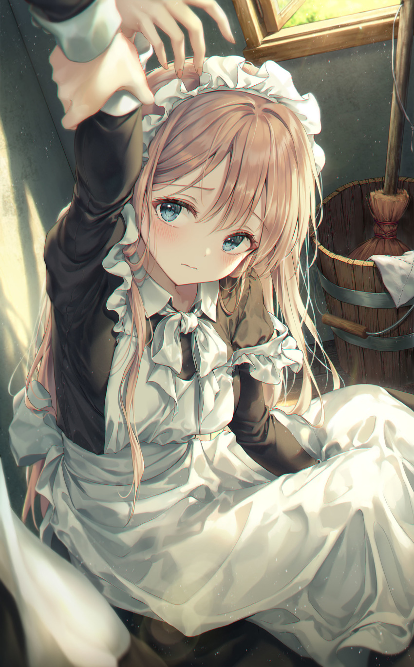 2girls absurdres against_wall apron blonde_hair blue_eyes blush breasts highres indoors large_breasts long_hair maid maid_apron maid_dress maid_headdress multiple_girls original pout r_o_ha sitting