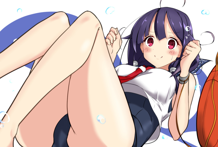 1girl adapted_costume ahoge air_bubble alternate_costume blue_sailor_collar blue_swimsuit breasts bubble eyebrows_visible_through_hair hair_flaps innertube kantai_collection large_breasts lifebuoy looking_at_viewer low_twintails lying neckerchief one-piece_swimsuit purple_hair red_eyes sailor_collar school_swimsuit school_uniform serafuku shiba_(zudha) smile solo swimsuit swimsuit_under_clothes taigei_(kantai_collection) twintails