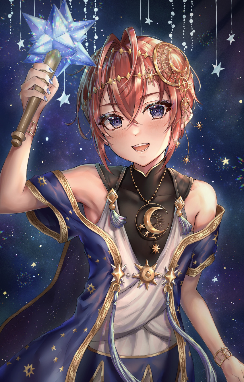 1boy absurdres bangs bare_shoulders blue_eyes blush crescent crescent_necklace hair_ornament highres jewelry looking_at_viewer open_mouth redhead riddle_rosehearts short_hair sky star_(sky) star_(symbol) starry_sky syatihoko twisted_wonderland wand