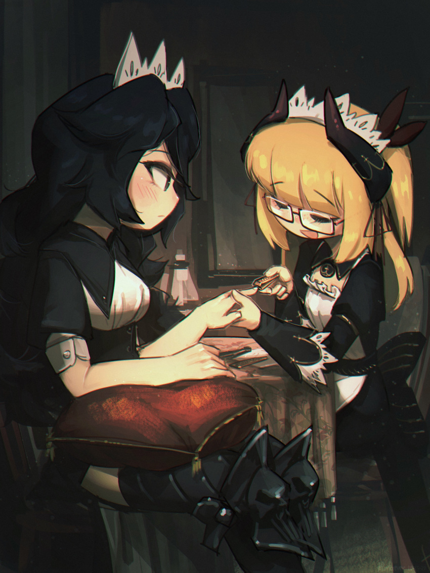 2girls :d absurdres armor bangs black_eyes black_hair blonde_hair blunt_bangs blush borrowed_character chair clipping_nails closed_eyes commentary english_commentary eyebrows_visible_through_hair flareze_(porforever) glasses greaves highres horns indoors juliet_sleeves long_hair long_sleeves looking_at_another maid maid_headdress multiple_girls nail_clippers open_mouth original pillow porforever puffy_short_sleeves puffy_sleeves rectangular_eyewear short_sleeves sitting smile table