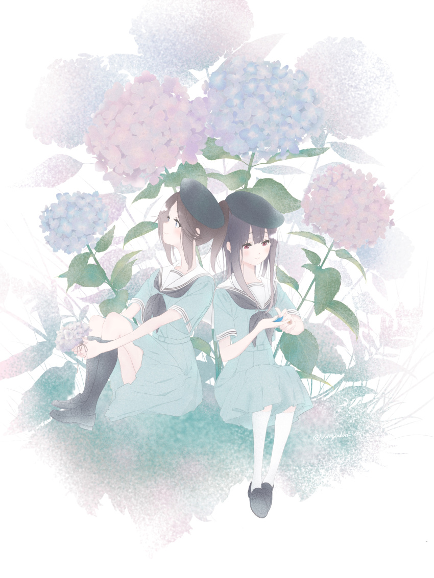 2girls absurdres amayadori_uki animal beret bird black_footwear black_headwear black_legwear black_neckwear blue_eyes blue_hair blue_shirt blue_skirt bluebird blush brown_hair closed_mouth flower hat hibike!_euphonium highres holding holding_animal holding_flower hydrangea kasaki_nozomi leaf liz_to_aoi_tori loafers long_hair multiple_girls neckerchief plant pleated_skirt ponytail red_eyes sailor_collar school_uniform serafuku shirt shoes short_sleeves sitting skirt smile socks uniform white_legwear white_sailor_collar yoroizuka_mizore