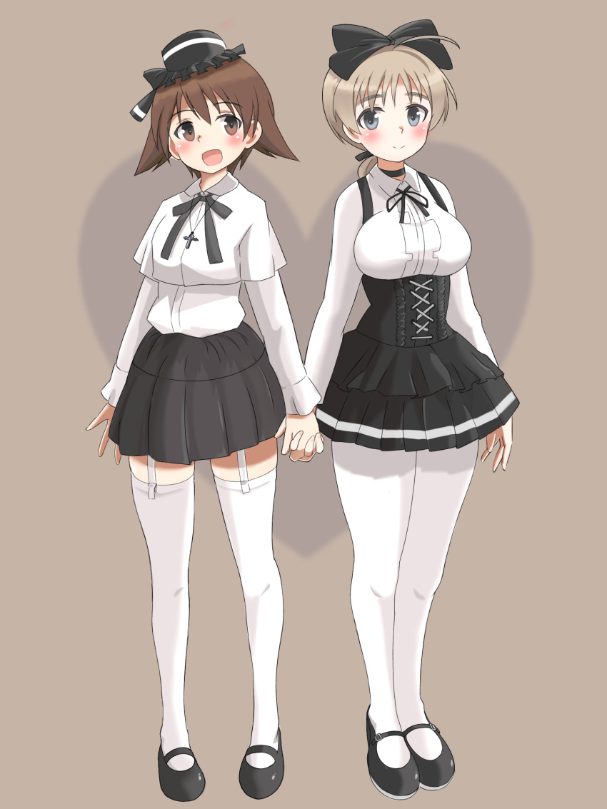 2girls :d ahoge bangs black_bow black_choker black_footwear black_headwear black_neckwear black_ribbon black_skirt blue_eyes blush bow brown_background brown_eyes brown_hair choker closed_mouth collared_shirt commentary cross cross_necklace eyebrows_visible_through_hair garter_straps hair_bow hair_ribbon hat heart high-waist_skirt highres holding_hands idol interlocked_fingers jewelry layered_shirt light_brown_hair long_sleeves looking_at_viewer lynette_bishop mary_janes medium_hair mini_hat miniskirt miyafuji_yoshika multiple_girls neck_ribbon necklace open_mouth pantyhose pleated_skirt ponytail ribbon shirt shoes short_hair side-by-side simple_background single_horizontal_stripe skirt smile standing strike_witches suspender_skirt suspenders thigh-highs tricky_46 white_legwear white_shirt world_witches_series