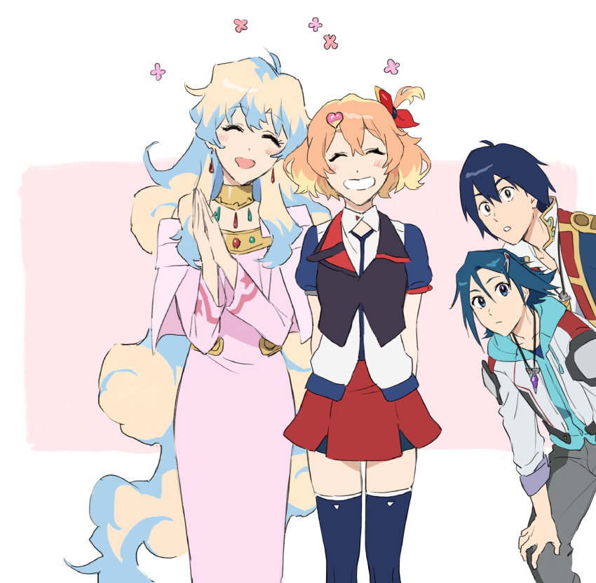 2boys 2girls ^_^ blonde_hair blue_eyes blue_hair closed_eyes crossover freyja_wion hands_together hayate_immelmann highres leaning_forward long_hair macross macross_delta mosako multiple_boys multiple_girls nia_teppelin open_mouth orange_hair short_hair simon_(ttgl) smile tengen_toppa_gurren_lagann thigh-highs very_long_hair