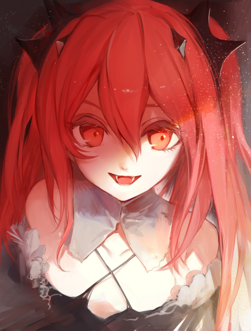 1girl :d absurdres criss-cross_halter eyelashes fangs hair_between_eyes hair_ornament halterneck highres hoojiro krul_tepes light_particles long_hair looking_at_viewer open_mouth owari_no_seraph portrait red_eyes redhead smile solo twintails vampire