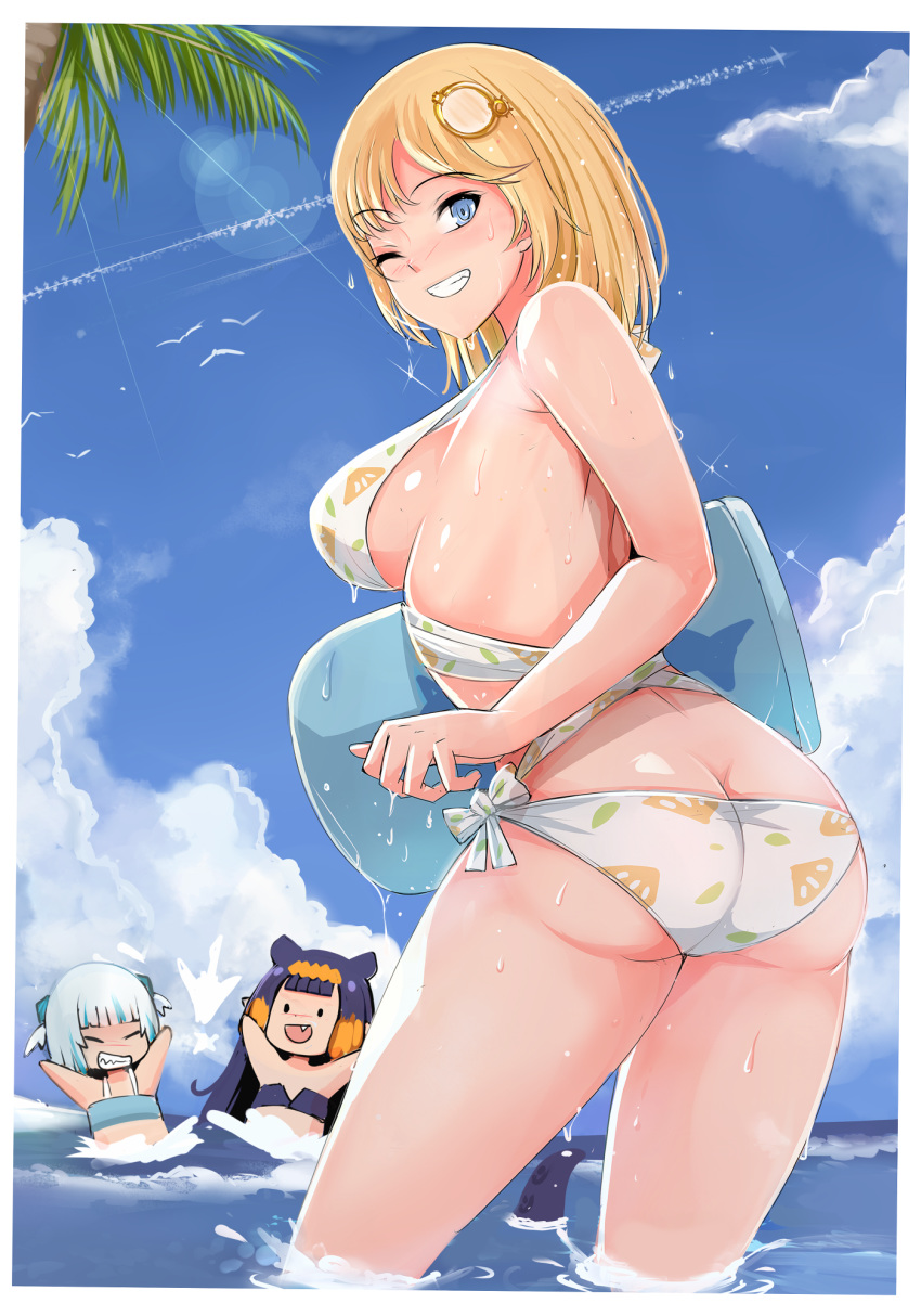 3girls :d arms_up ass bangs bare_arms bare_back bare_shoulders beach bikini bird blonde_hair blue_bow blue_eyes blue_sky board bow breasts butt_crack closed_eyes clouds fang fang_out flat_chest gawr_gura hair_bow hair_ornament halterneck highlights highres hololive hololive_english in_water light_blue_hair light_blush long_hair looking_at_viewer looking_back medium_breasts medium_hair monocle multicolored_hair multiple_girls ninomae_ina'nis nonoririn one_eye_closed open_mouth outdoors palm_tree pineapple_print side-tie_bikini sideboob sky smile strapless strapless_bikini sunlight swimsuit tankini tentacles tree two-tone_hair virtual_youtuber water watson_amelia wet wet_clothes wet_hair wet_swimsuit white_bikini white_swimsuit