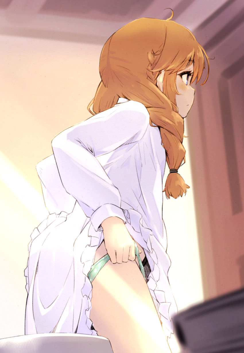 1girl absurdres bangs blurry blurry_background blurry_foreground blush braid closed_mouth depth_of_field from_side green_panties hair_tie highres indoors lifted_by_self long_hair momo_(higanbana_and_girl) nightgown orange_hair panties panty_lift princess_connect! princess_connect!_re:dive print_panties solo standing star_(symbol) star_print twin_braids twintails underwear yuni_(princess_connect!)