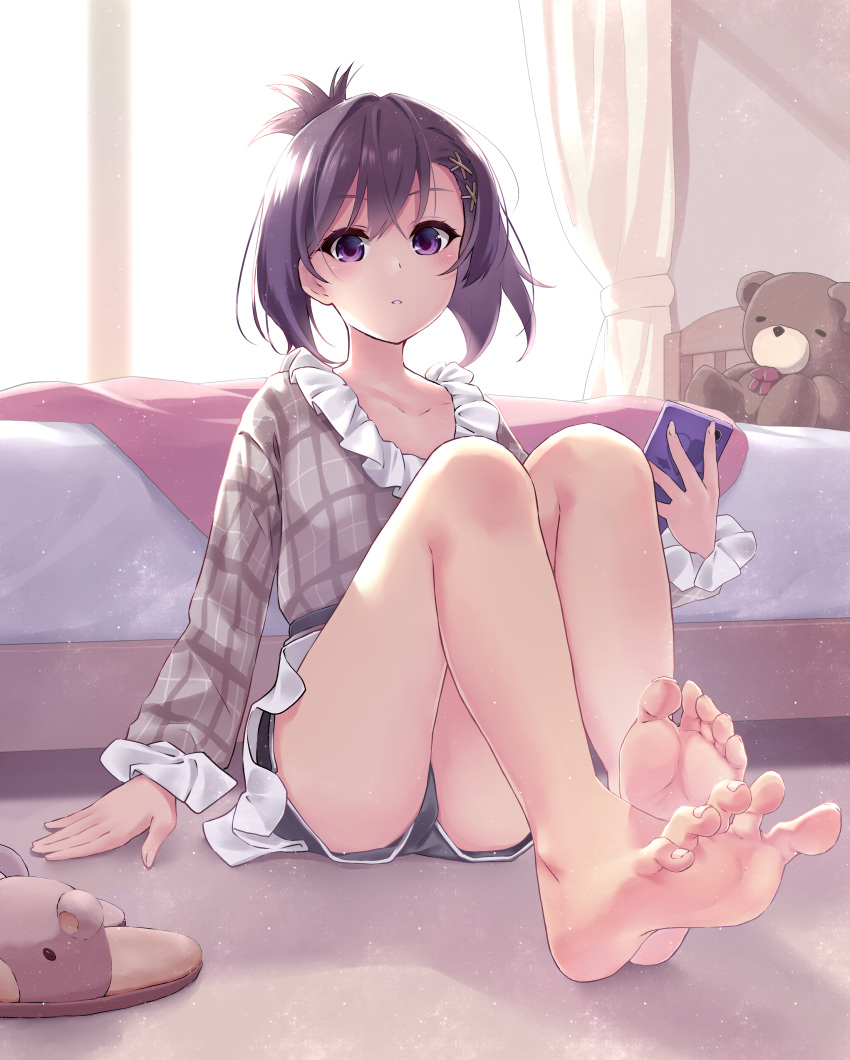 1girl absurdres bangs bare_legs barefoot bed blush curtains feet gabriel_dropout hair_between_eyes hair_ornament hairclip highres holding holding_phone knees_up light_particles long_sleeves looking_at_viewer parted_lips phone plaid plaid_shirt purple_hair sazanka shirt short_hair short_shorts shorts sitting slippers soles solo stuffed_animal stuffed_toy teddy_bear toenails toes tsukinose_vignette_april violet_eyes x_hair_ornament