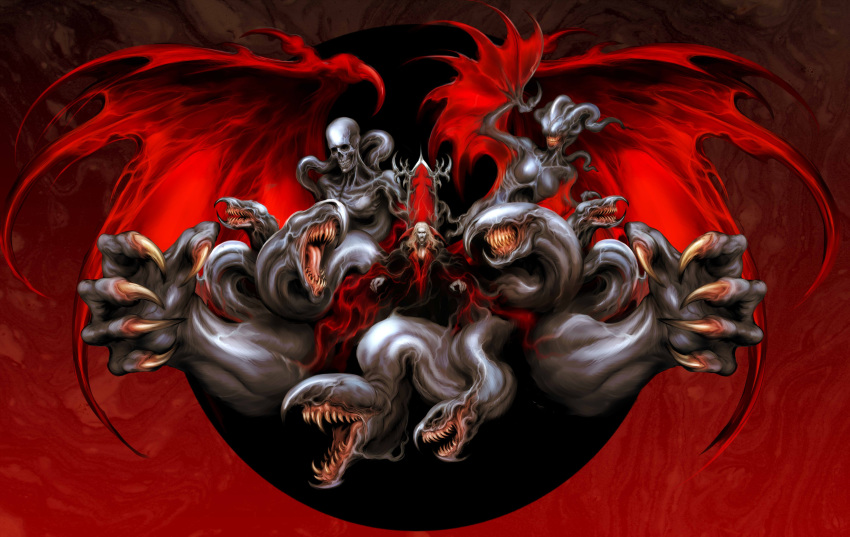 1boy absurdres blonde_hair breasts castlevania claws closed_mouth demon demon_girl demon_wings dracula_(castlevania) fingernails highres long_fingernails long_sleeves open_mouth sharp_fingernails sharp_teeth sitting skull solo_focus teeth tentacle_hair tentacles throne vampire veins very_long_fingernails wide_sleeves wings witnesstheabsurd