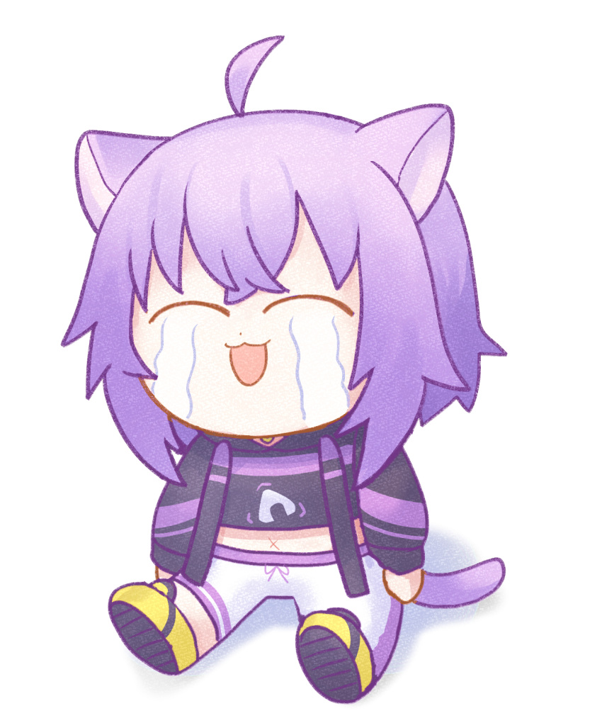 1girl :3 ^_^ ahoge animal_ears arms_at_sides bangs blush cat_ears cat_girl cat_tail chibi closed_eyes commentary crossed_bangs crying dot_nose drawstring facing_viewer grey_hoodie highres hololive hood hood_down long_sleeves nekomata_okayu on_floor onigiri_print open_mouth pants purple_hair shoes short_hair simple_background sitting smile sneakers solo streaming_tears sweatpants tail tears tomoyohi virtual_youtuber white_background white_pants x_navel yellow_footwear