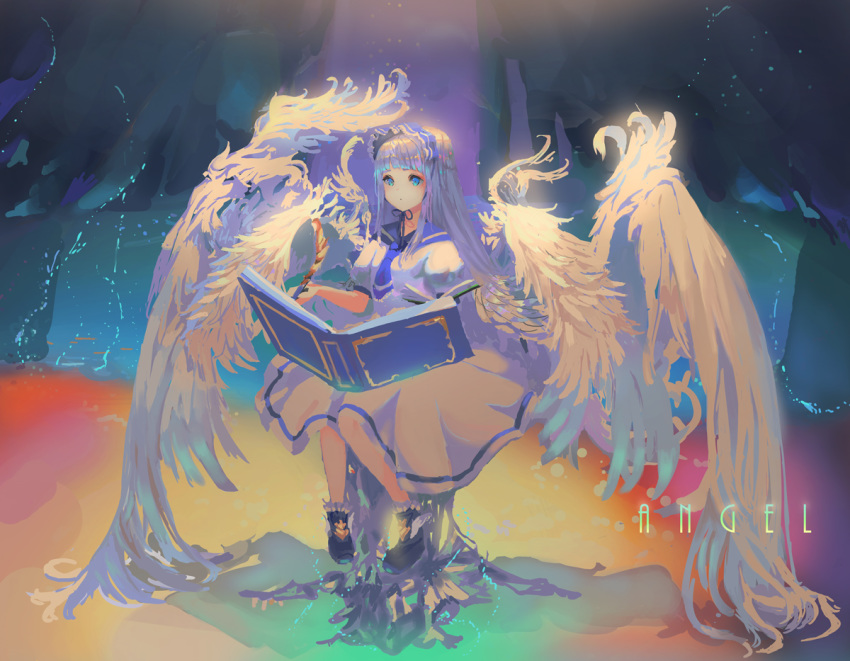 1girl angel angel_wings bangs blue_eyes blue_footwear blue_neckwear blush book closed_mouth dress feathered_wings feathers floating floating_book floating_object holding_quill light_rays long_hair open_book original quill school_uniform serafuku silver_hair sitting solo white_dress wings wolflower writing