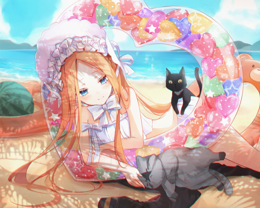 1girl :&lt; abigail_williams_(fate/grand_order) abigail_williams_(swimsuit_foreigner)_(fate) bangs beach black_cat blonde_hair blue_eyes blush bonnet bow bowtie bright_pupils cat chromatic_aberration closed_mouth clouds commentary_request day fate/grand_order fate_(series) feet_out_of_frame food fruit grey_cat heart innertube jacket jacket_removed long_hair looking_down lying miya_(zawarudo) on_side parted_bangs petting ribbon shadow sky smile solo sparkle swimsuit thighs very_long_hair water watermelon white_bow white_neckwear white_ribbon white_swimsuit