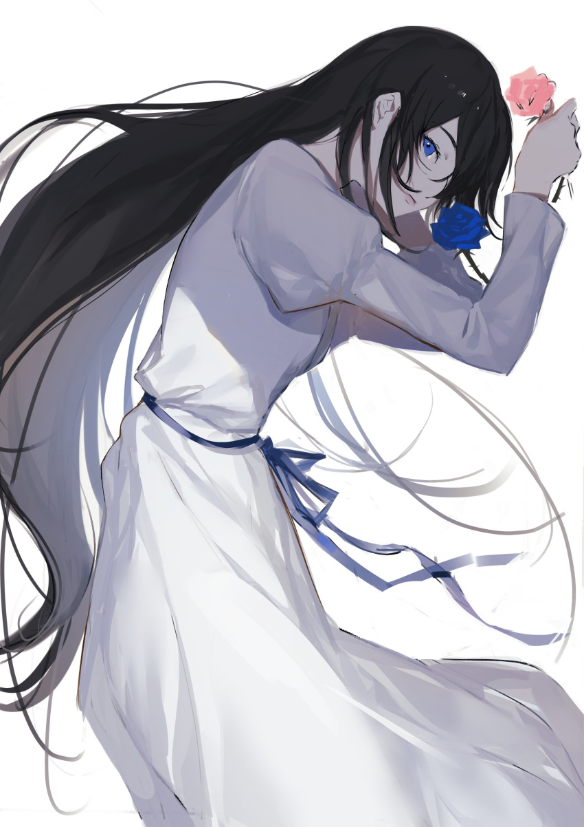 1girl black_hair blood+ blue_eyes blue_flower blue_ribbon blue_rose blue_sash closed_mouth diva_(blood+) dress flower from_side highres hoojiro long_hair long_sleeves looking_at_viewer looking_to_the_side pink_flower pink_rose ribbon rose sash simple_background solo very_long_hair white_background white_dress