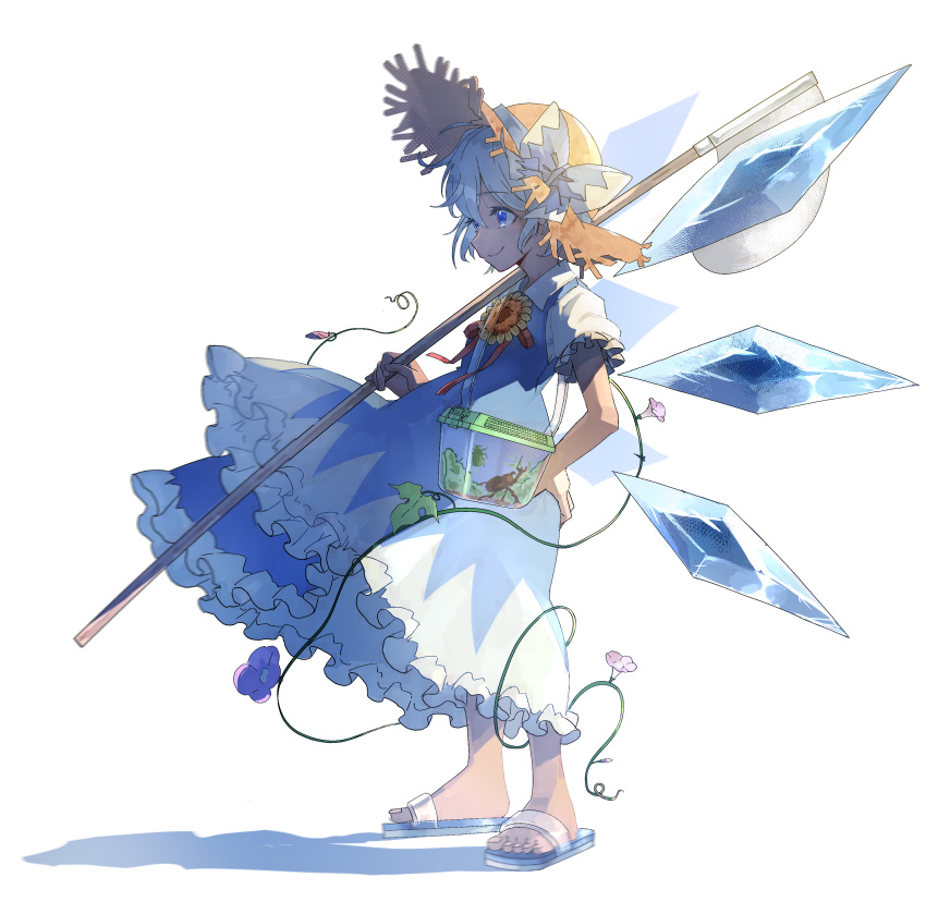 1girl absurdres artist_request blue_dress blue_eyes blue_hair bow bug bug_hunting butterfly_net cirno collared_shirt commentary_request dress dress_lift dress_shirt flower frilled_skirt frilled_sleeves frills from_side hair_between_eyes hair_bow hand_net hat highres holding_butterfly_net ice ice_wings insect insect_cage morning_glory neck_ribbon pinafore_dress plant puffy_short_sleeves puffy_sleeves red_neckwear red_ribbon ribbon shaded_face shadow shirt short_hair short_sleeves simple_background skirt slippers smile solo straw_hat sunflower tanned_cirno touhou vines white_background white_bow white_shirt wing_collar wings