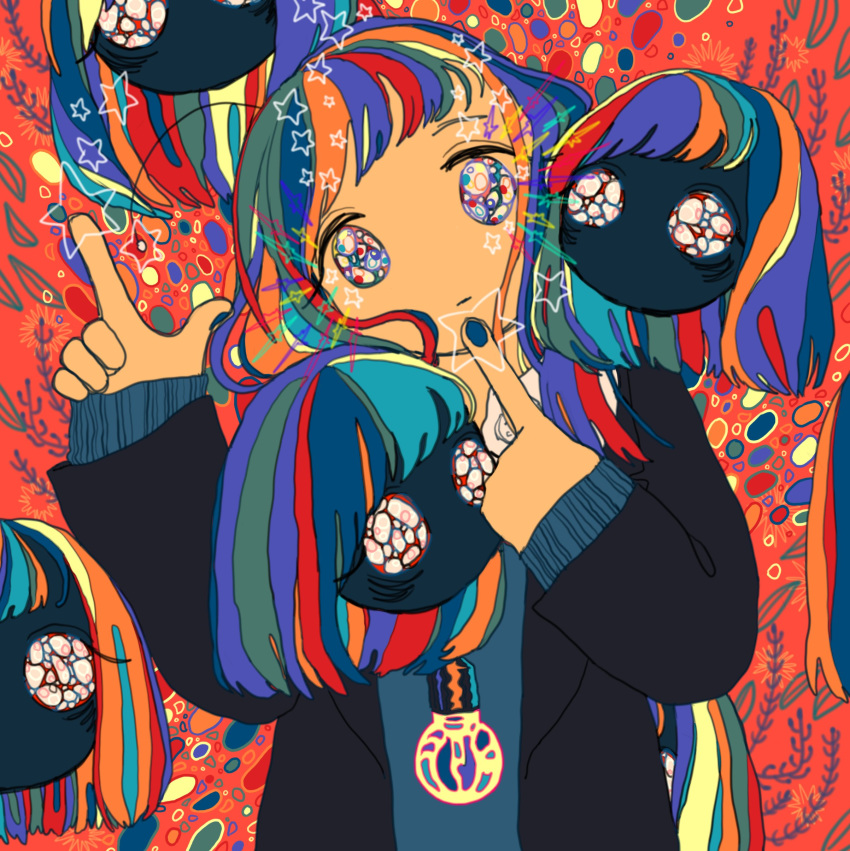 1girl abstract abstract_background absurdres aqua_hair bangs blonde_hair blue_hair blue_nails disembodied_head floating_head green_hair highres index_finger_raised jewelry long_sleeves multicolored multicolored_eyes multicolored_hair necklace no_nose orange_hair original redhead sizucomaru star_(symbol) swept_bangs upper_body