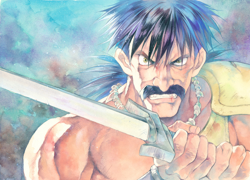 1boy agahari armor black_hair blood clenched_teeth commentary_request dragon_quest dragon_quest_v facial_hair green_eyes holding holding_sword holding_weapon jewelry long_hair looking_at_viewer male_focus muscle mustache necklace open_mouth papas shoulder_armor single_bare_shoulder solo spiky_hair sword teeth traditional_media upper_body v-shaped_eyebrows weapon