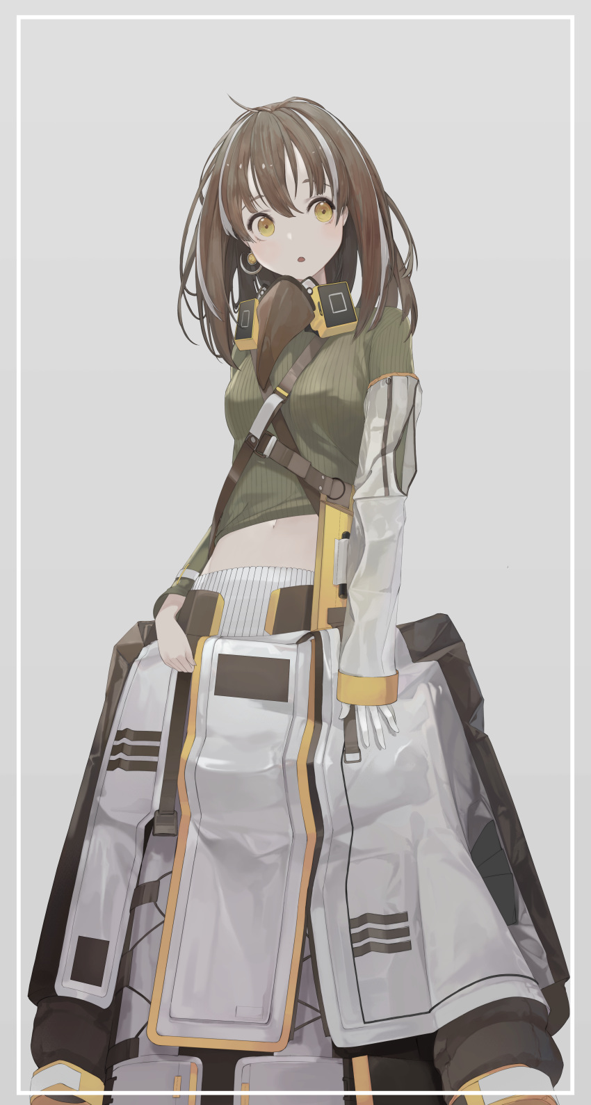 1girl :o absurdres arknights breasts brown_hair highres leaning_back looking_to_the_side magallan_(arknights) mask_around_neck medium_hair mile_(mil2) navel open_mouth small_breasts solo standing yellow_eyes
