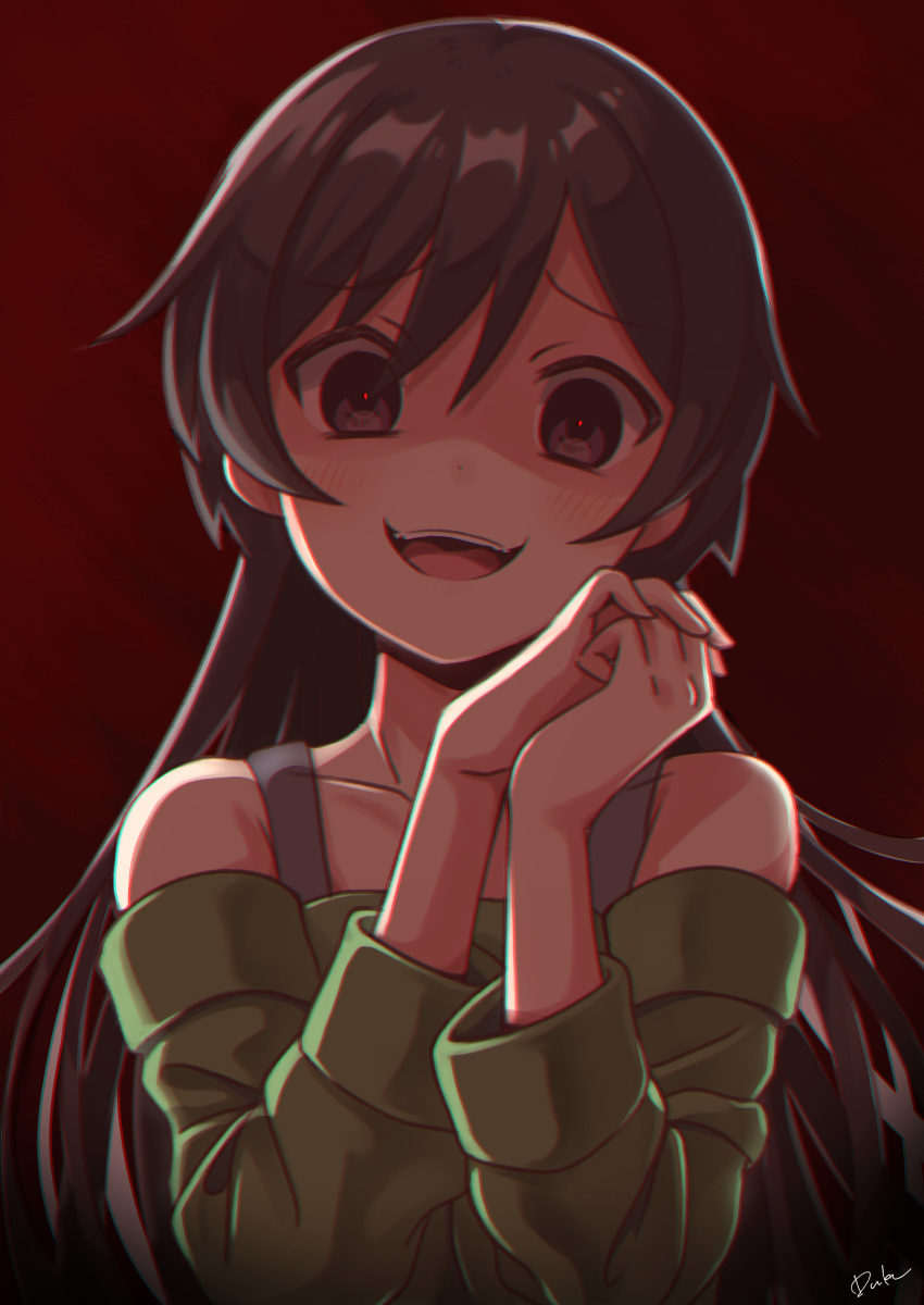 1girl absurdres black_hair blush commentary_request crazy_eyes crazy_smile eyebrows_visible_through_hair gradient gradient_background green_sweater hair_between_eyes highres long_hair looking_at_viewer matsumoto_kouko off-shoulder_sweater off_shoulder open_mouth own_hands_together red_background signature simple_background solo sweater tongue upper_body upper_teeth usagi_koushaku watashi_ni_tenshi_ga_maiorita!