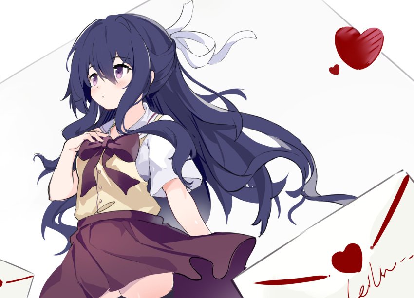 1girl :o bangs black_legwear blush bow brown_bow brown_skirt brown_vest commentary_request envelope eyebrows_visible_through_hair grey_background hair_between_eyes hair_ribbon hand_up heart highres leilin long_hair looking_away love_letter original parted_lips puffy_short_sleeves puffy_sleeves purple_hair ribbon sailor_collar school_uniform serafuku shirt short_sleeves signature simple_background skirt solo standing thigh-highs very_long_hair vest violet_eyes white_ribbon white_sailor_collar white_shirt