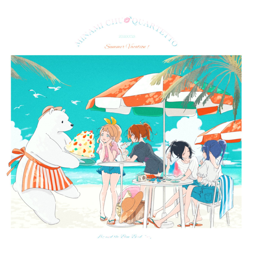 4girls amayadori_uki beach beach_umbrella bear bird black_hair black_shirt blonde_hair blue_hair blue_skirt blue_sky brown_hair chair closed_eyes clouds eating flip-flops frills hair_ribbon hat hibike!_euphonium highres kasaki_nozomi liz_to_aoi_tori multiple_girls nakagawa_natsuki ocean outdoors palm_tree pink_shirt polar_bear ribbon sand sandals seagull shaved_ice shirt short_sleeves shorts sitting skirt sky smile table tree umbrella white_shirt yoroizuka_mizore yoshikawa_yuuko