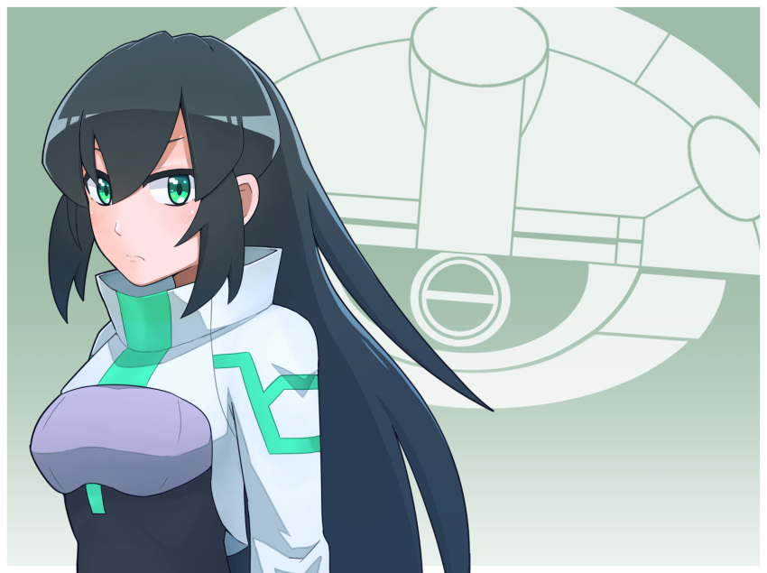 1girl black_hair bodysuit breasts commentary_typo expressionless green_eyes gundam gundam_build_divers gundam_build_divers_re:rise highres long_hair looking_at_viewer magutata may_(gundam_build_divers_re:rise) medium_breasts shrug_(clothing) solo wodom_pod