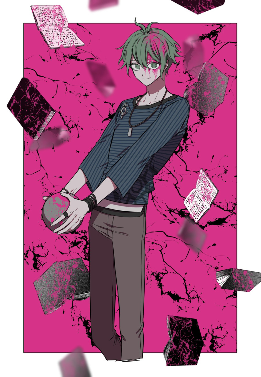 1boy amami_rantarou antenna_hair ball bangs blood blood_on_face bloody_hair blue_shirt book dangan_ronpa dodoparipupe green_eyes green_hair hair_between_eyes highres holding holding_ball jewelry male_focus necklace new_dangan_ronpa_v3 pants purple_blood ring shirt simple_background smile solo striped striped_shirt