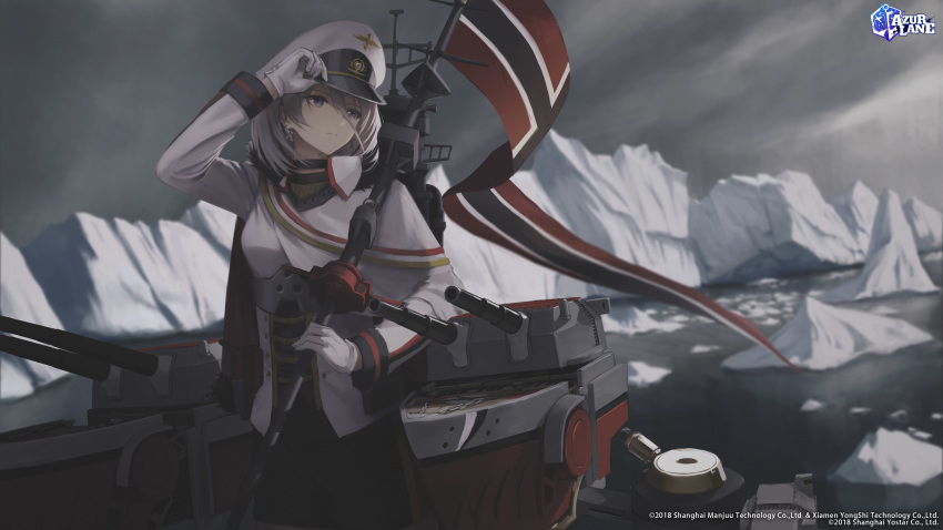 1girl absurdres azur_lane black_skirt blue_eyes breasts capelet closed_mouth clouds cloudy_sky coat commentary copyright_name cowboy_shot cross cross_earrings earrings english_commentary expressionless flag gloves grey_sky hand_on_headwear hara_shoutarou hat highres holding holding_flag ice_floe iceberg iron_cross jewelry logo long_sleeves medium_breasts military military_hat military_uniform ocean official_art peaked_cap rigging short_hair silver_hair skirt sky solo tirpitz_(azur_lane) turret uniform water watermark white_capelet white_coat white_gloves white_headwear