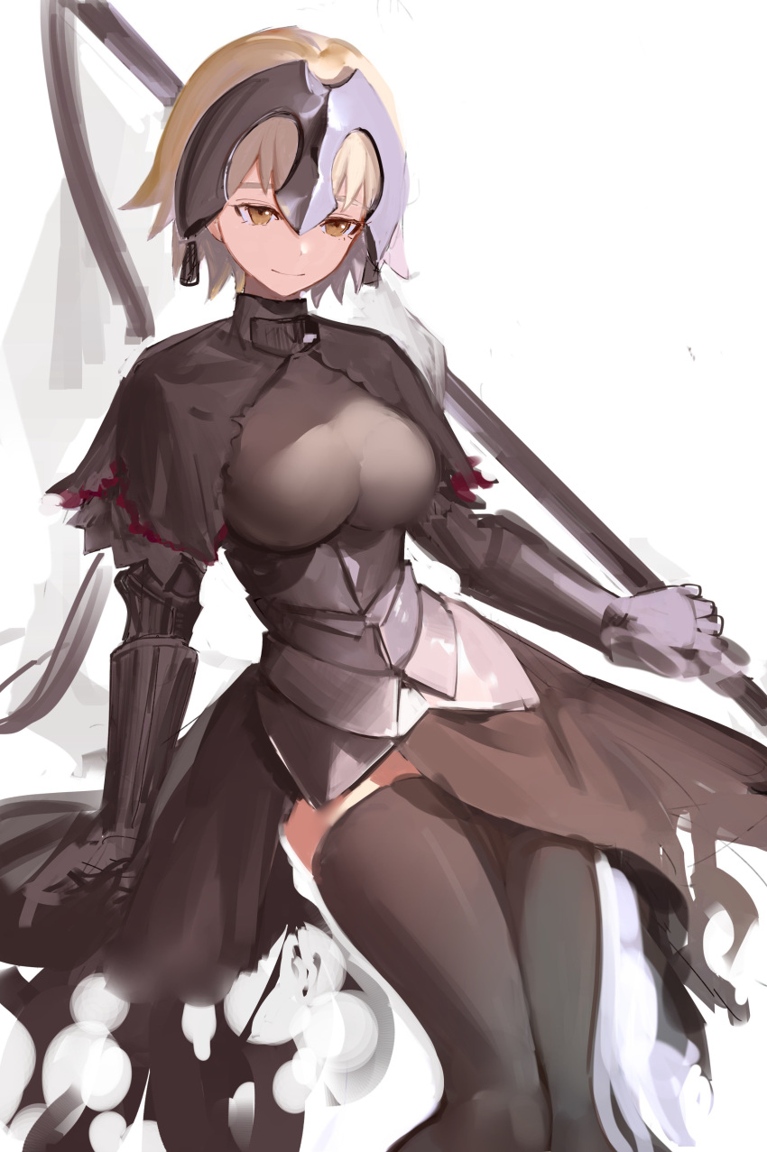1girl absurdres arm_support black_capelet black_legwear blonde_hair breasts capelet closed_mouth fate/grand_order fate_(series) gauntlets headpiece highres holding hoojiro jeanne_d'arc_(alter)_(fate) jeanne_d'arc_(fate)_(all) large_breasts short_hair smile solo standing thigh-highs underbust white_background yellow_eyes