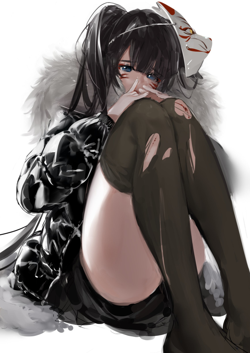 1girl absurdres black_hair black_jacket blood blue_eyes copyright_request fox_mask fox_shadow_puppet fur-trimmed_jacket fur_trim grey_legwear highres hoojiro injury jacket legs_together long_hair long_sleeves looking_at_viewer mask mask_on_head no_shoes sitting solo thigh-highs torn_clothes torn_legwear twintails
