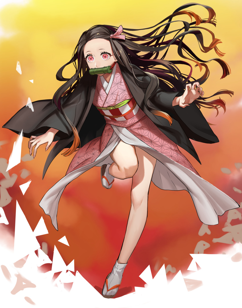 1girl absurdres brown_hair floating_hair highres japanese_clothes kamado_nezuko kimetsu_no_yaiba leg_up long_hair looking_down open_hands pink_eyes pote-mm solo